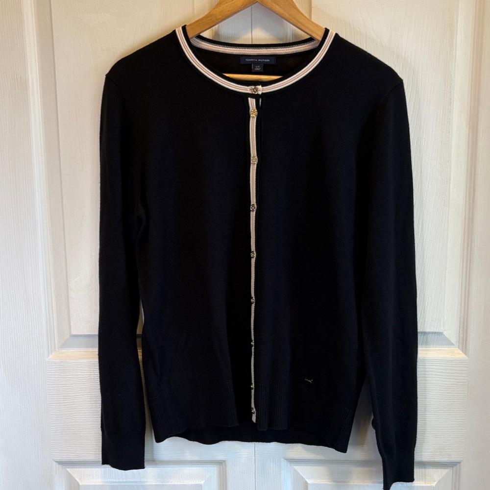 Tommy Hilfiger Womens Black Cardigan Striped Trim Gold Button Sweater Large